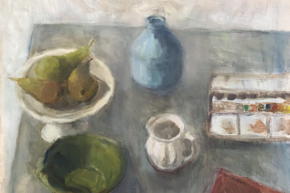 Olie op doek schilderij 'still life with watercolour box by Hiromi Nakai